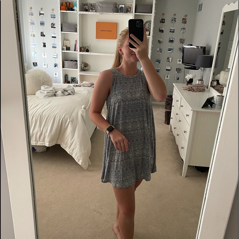 Beachy blue & white open back tank swing dress, L